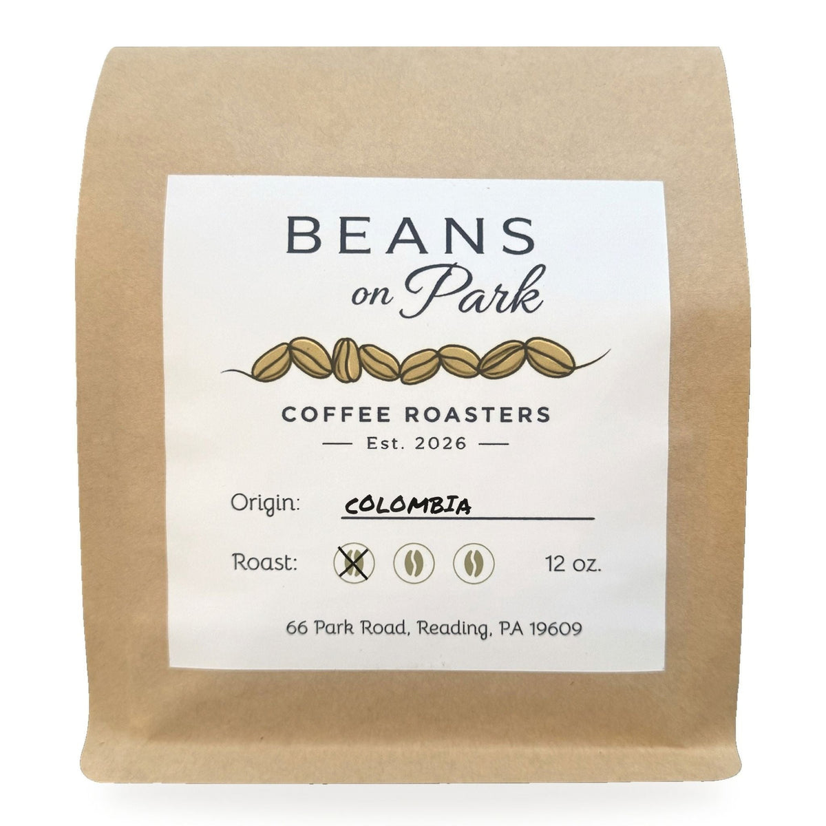 Beans on Park Colombia, light roast coffee in a 12oz kraft bag