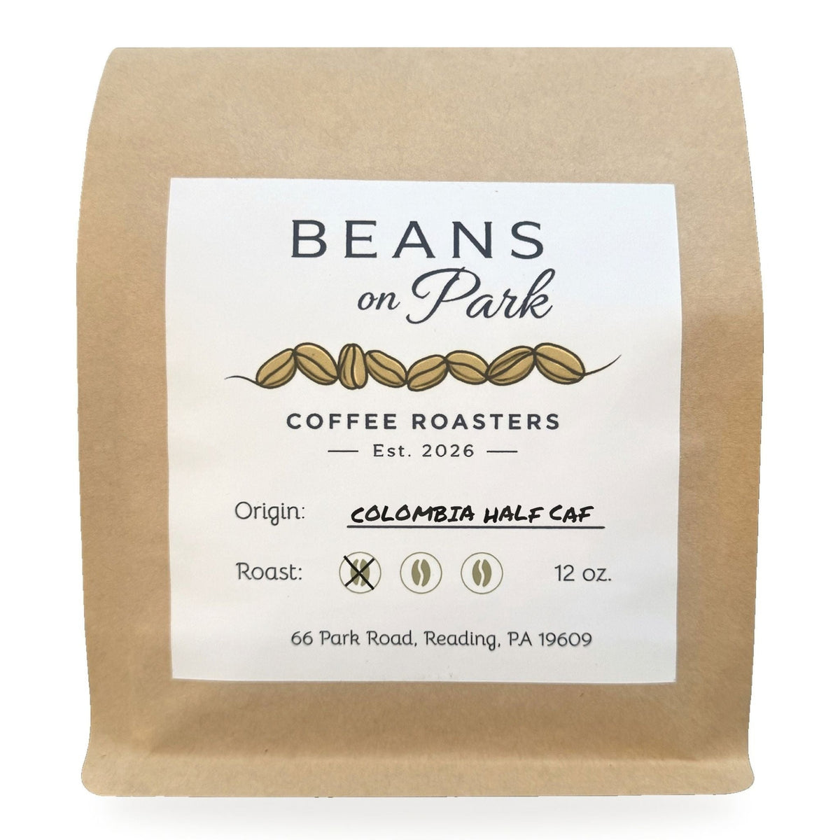 Beans on Park Colombia half caf, light roast coffee in a 12oz kraft bag