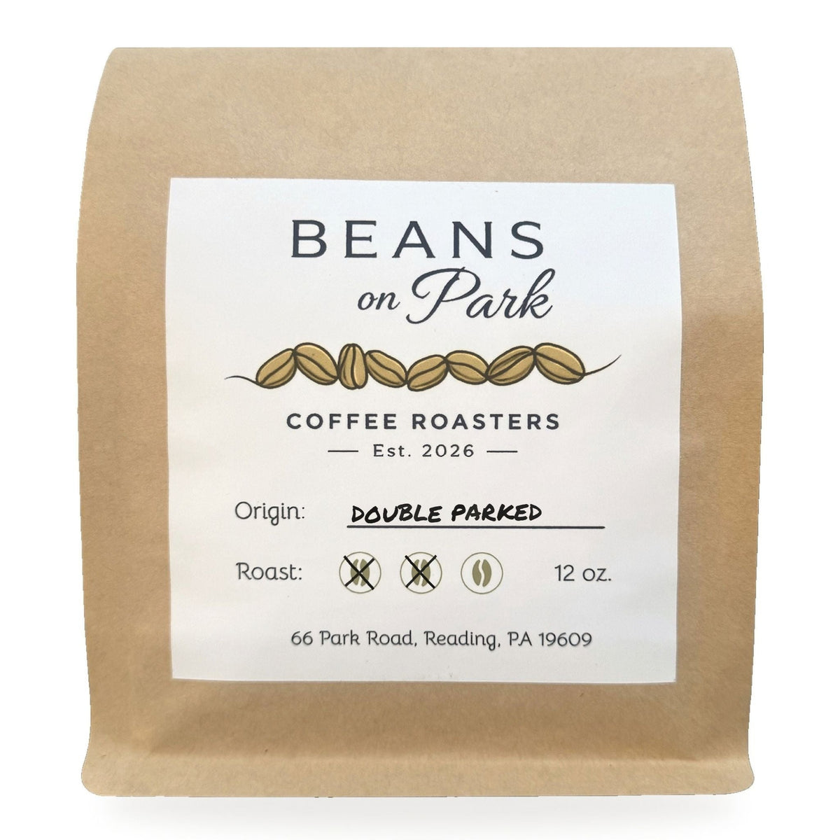 Beans on Park Double Parked espresso blend, medium roast coffee in a 12oz kraft bag
