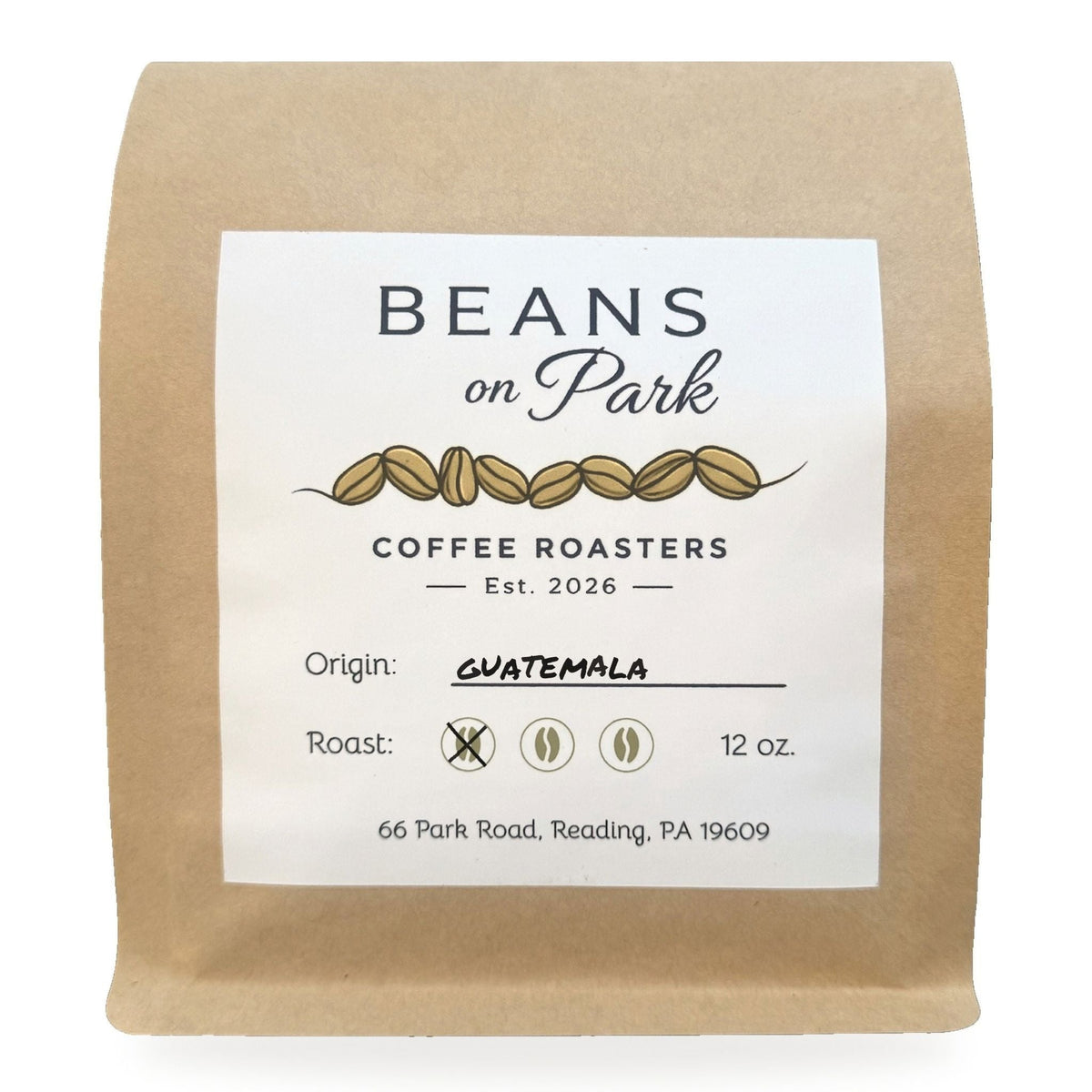 Beans on Park Guatemala, light roast coffee in a 12oz kraft bag