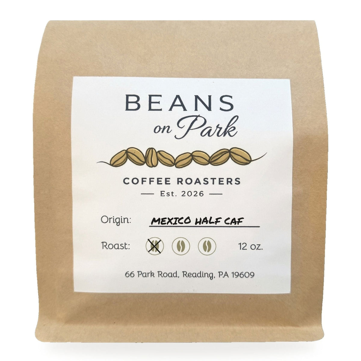 Beans on Park Mexico half caf, light roast coffee in a 12oz kraft bag
